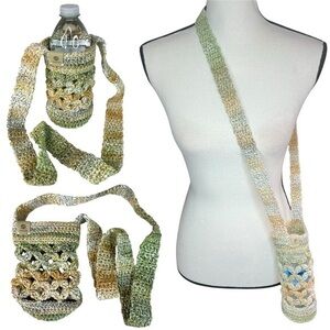 Crochet Crossbody Water Bottle Holder Bag Multicolor Handcrafted Cotton Handmade